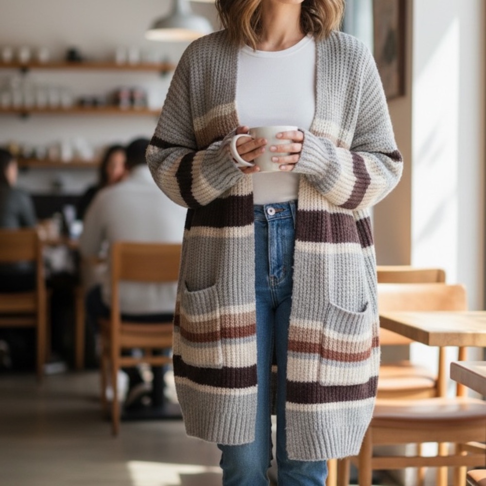 a new day Gray and Brown Striped Cardigan